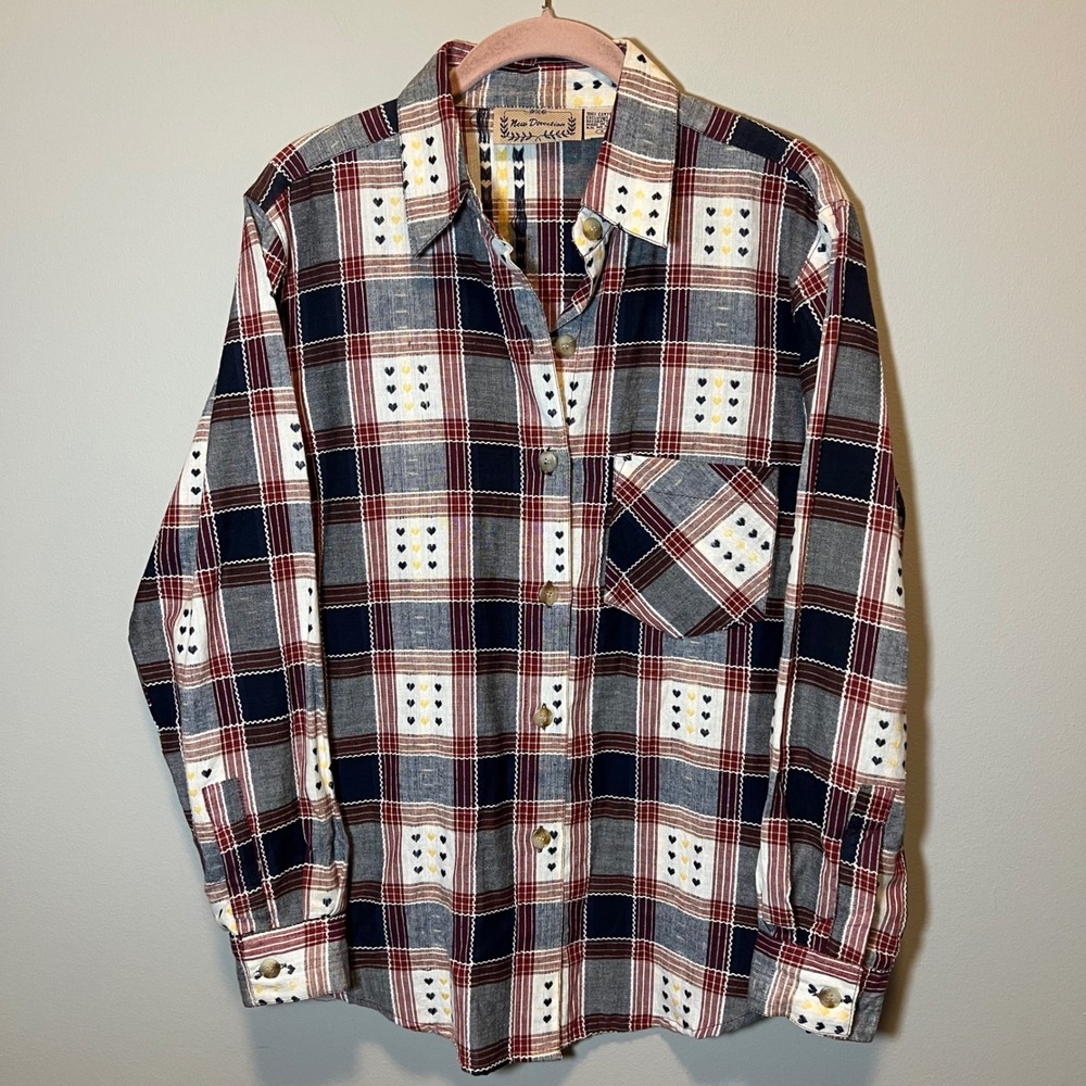 New Direction Red Navy Plaid Heart Embroidered Cotton Button Down Shirt Small